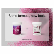 Two supplement bottles with white caps side by side, old purple label on left and new white label on right, against pink glit