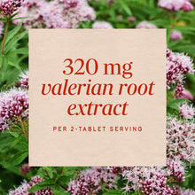 Cream-colored label displaying "320 mg valerian root extract per 2-tablet serving" in red text, photographed against pink val