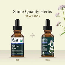 Two Gaia Herbs Valerian Root dropper bottles with organic certification, showing old and new label designs on cream backgroun
