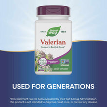 Nature's Way Valerian bottle with burgundy cap containing 90 vegan capsules of standardized extract.