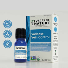 Blue glass bottle labeled "Varicose Vein Control" by Forces Of Nature with black cap, displayed next to product box.