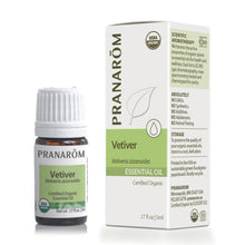 Pranarom Vetiver essential oil in 5ml amber glass bottle with white cap next to its white cardboard box displaying USDA Organ