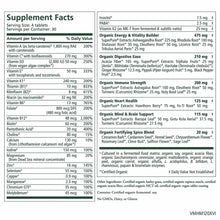 Supplement Facts label for men's multivitamin tablets showing serving size, daily values, and organic ingredient blend inform