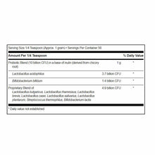 Nutrition facts label for probiotic powder showing serving size, CFU amounts, and ingredient blend details.
