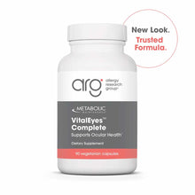 White bottle of Vital Eyes Complete dietary supplement by Allergy Research Group containing 90 vegetarian capsules.