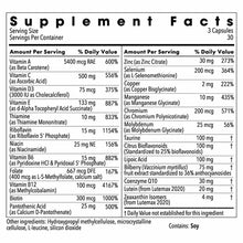 Supplement Facts label showing nutritional information for Vital Eyes Complete with vitamins, minerals, and botanical extract