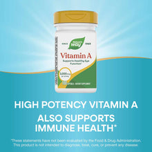 White and green Nature's Way Vitamin A supplement bottle with gold cap containing 100 softgels of 3,000 mcg per serving.