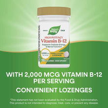 White bottle with tan cap labeled Nature's Way Vitamin B-12 2,000 mcg cherry-flavored lozenges, 100 count.