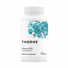 White capsule bottle labeled "Thorne Vitamin B12 as Methylcobalamin" dietary supplement containing 90 capsules.