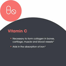 Vitamin C supplement bottle label with red circular icon showing capsule and tablet symbols.