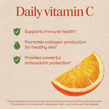 Vitamin C supplement package featuring orange slice illustration and text describing immune health and antioxidant benefits.