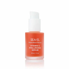 A frosted orange glass bottle with a white pump dispenser, labeled Sea-El Vitamin C Hyaluronic Serum, 30 ml.