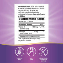 Supplement Facts label showing Vitamin C 1,000 mg and Rose Hips 25 mg per capsule, with gluten free, dairy free, and no artif