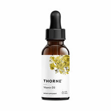 Thorne Vitamin D3 liquid supplement in amber glass bottle with black dropper cap and white label.