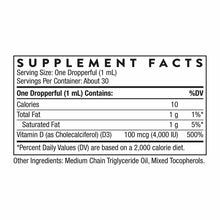 Supplement Facts label for Vitamin D3 liquid showing serving size, nutritional information, and ingredients including medium