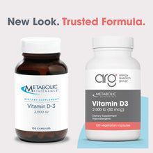 Two bottles of Vitamin D3 2,000 IU supplement: dark brown glass bottle on left, white plastic bottle on right.