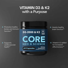 Core Med Science Vitamin D3 2000 IU & K2 dietary supplement bottle containing 60 capsules with NSF Certified Sport label.