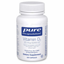 White bottle of Pure Encapsulations Vitamin D3 5000 IU dietary supplement with blue label, containing 120 capsules.