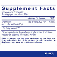 Supplement Facts label showing Vitamin D3 5000 IU per capsule, 250 servings per container, with ingredient list.