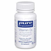 White bottle of Pure Encapsulations Vitamin D3 5000 IU dietary supplement with white cap, containing 60 capsules.