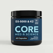 A black jar with a navy label reads Core Med Science D3-5000 & K2, 60 capsules, with an NSF Certified for Sport badge.