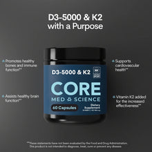 A black jar with a blue label reading D3-5000 & K2 and Core Med Science, holding 60 capsules, sits against a dark background.