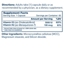 A Supplement Facts panel lists 5000 IU vitamin D3 and 100 mcg vitamin K2 per capsule, with directions and ingredients.