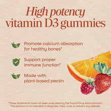 Beige product packaging for Vitamin D3 gummies with red text, leaf icons, and illustrations of orange slices, strawberry, and