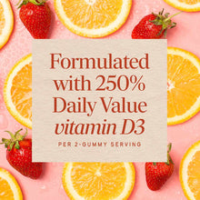 Beige product label surrounded by orange slices and strawberries on pink background, stating vitamin D3 gummy information.