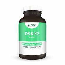 Dark glass bottle with white cap containing 60 vegetarian tablets of Vitamin D3 & K2 dietary supplement by NHC.