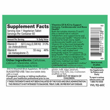 Vitamin D3 & K2 supplement bottle label with green background showing nutrition facts and ingredient information.