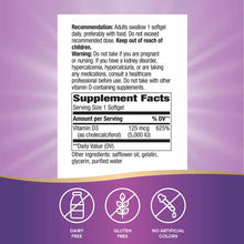 Back label of Vitamin D3 Max supplement bottle showing dosage instructions, supplement facts with 125 mcg per softgel, and da