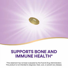 Yellow-gold oval vitamin D3 softgel capsule against a purple and white background.