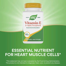 Nature's Way Vitamin E D-Alpha Tocopherol bottle with gold cap containing 100 softgels on green background.