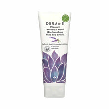 White tube of Derma E Vitamin E Lavender & Neroli Shea Body Lotion with purple lotus flower graphic and green certified seal.
