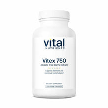 White bottle of Vital Nutrients Vitex 750 supplement containing 120 vegan capsules with white cap.
