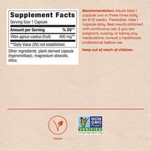 Supplement Facts label for Vitex Fruit capsules showing 400mg per serving with vegan and Non-GMO Project Verified badges.