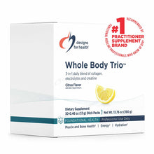 Designs For Health Whole Body Trio dietary supplement box in citrus flavor with 30 stick packs, 13.76 oz total.