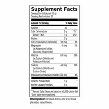 Supplement Facts label for Whole Body Trio stick pack containing creatine monohydrate, bovine collagen peptides, and electrol