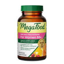 Megafood Women 55+ One Daily Multivitamin bottle with green cap and label featuring citrus fruit imagery.
