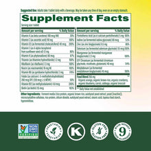 Supplement Facts label for Megafood Women's 55+ One Daily Multivitamin tablet with ingredients and certification badges.