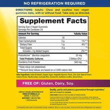 Renew Life Women's Care Gummy Probiotics + Prebiotics supplement facts label showing 2 billion CFU probiotics and cranberry p