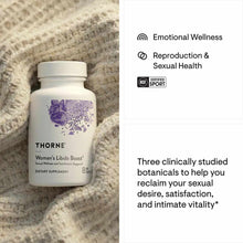 Thorne Women's Libido Boost dietary supplement bottle with white cap and purple botanical graphic on beige knit background.