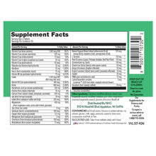Green supplement label showing Supplement Facts table with vitamins, minerals, and herbal ingredients for women's multivitami