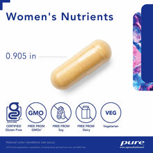 Tan capsule pill labeled Women's Nutrients with certification badges for gluten-free, GMO-free, soy-free, dairy-free, and veg