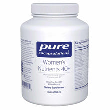 White plastic bottle of Pure Encapsulations Women's Nutrients 40+ dietary supplement with blue label, containing 360 capsules