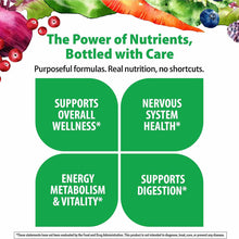Rainbow Light Women's One 50+ Multivitamin packaging displaying product benefits with fresh vegetables and berries at top.