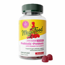 Megafood Women's Probiotic + Prebiotic gummy bottle with dark green cap and two red gummies displayed in front.