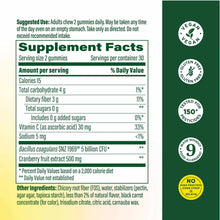 Supplement facts label for women's probiotic and prebiotic gummies showing serving size, nutritional information, and ingredi