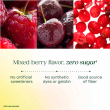 Close-up photos of raspberries, blackberries, and red currants with product claims about mixed berry flavor and zero sugar.